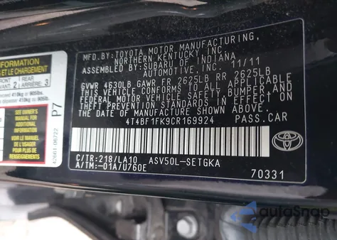 2012 Toyota Camry Xle из США, поврежденный, VIN 4T4BF1FK9CR169924